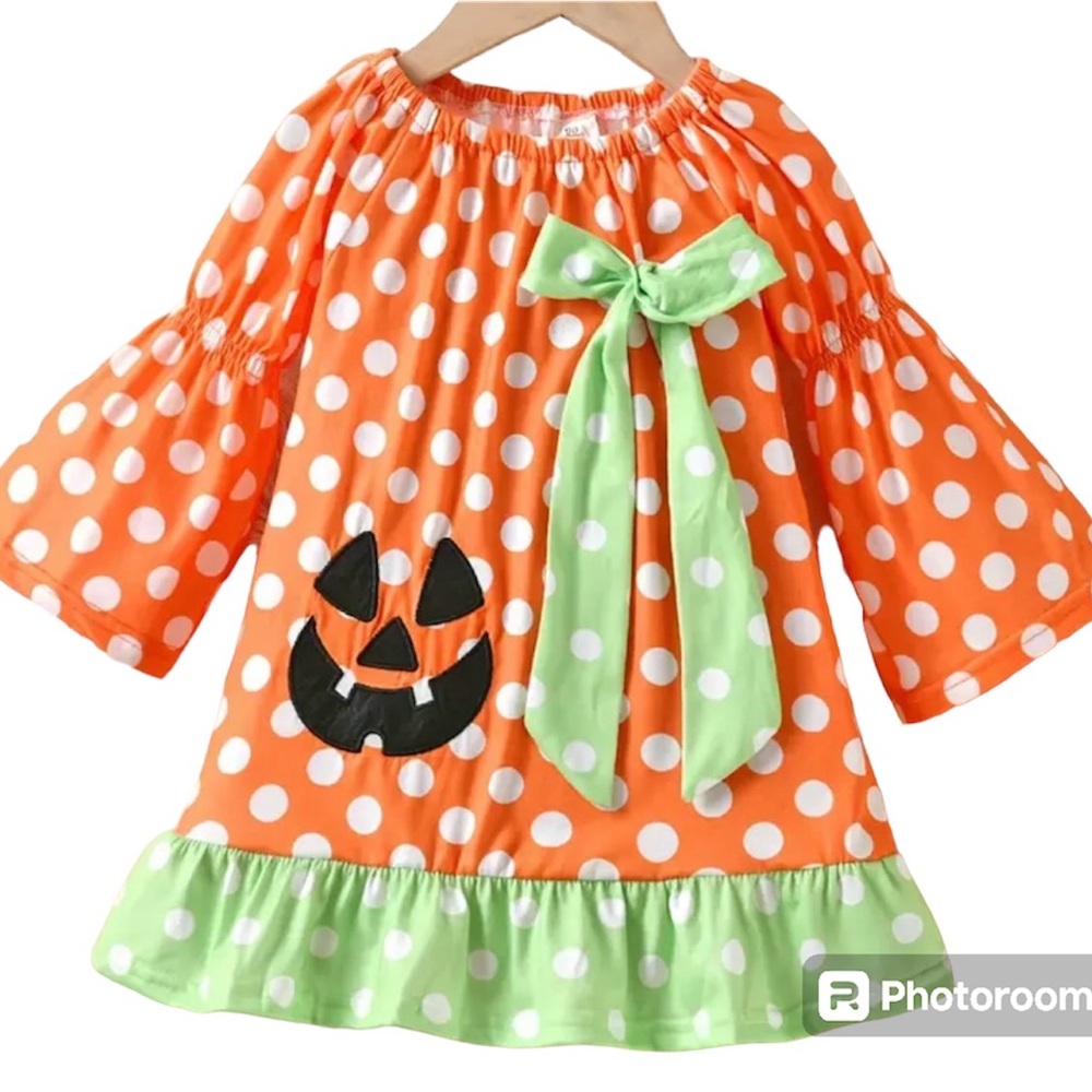 New Boutique Girls Halloween Dress Orange Polka Dot Jack O Lantern Pumpkin 1-2Y